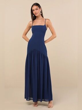 Lulus Auria Navy Blue Chiffon Drop Waist Maxi Dress